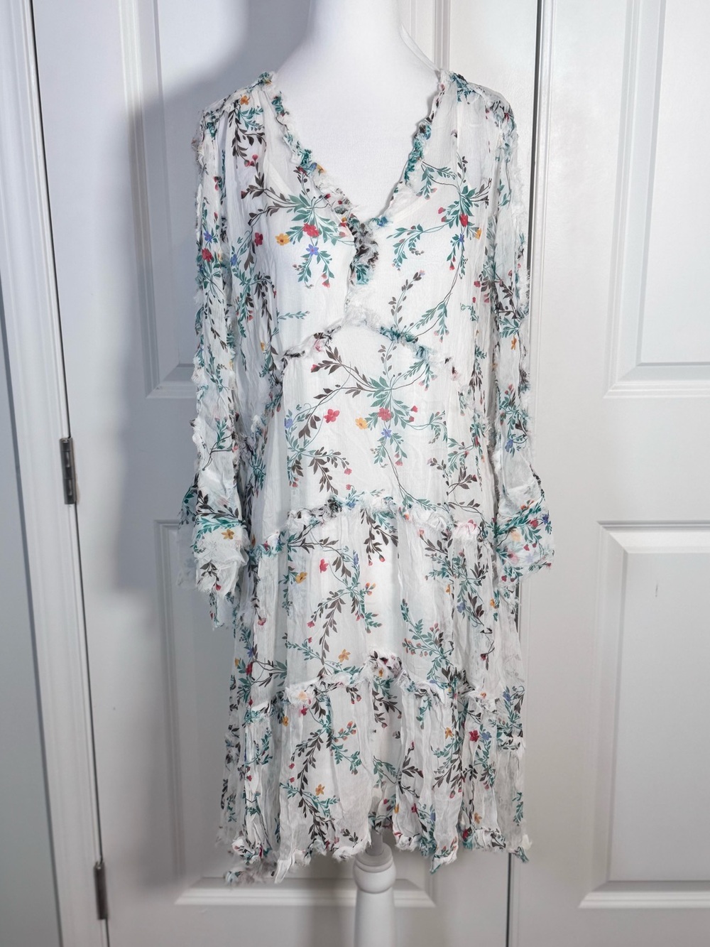 Kobi Halperin Paige Dress L Ivory Floral Tiered Ruffle Coquette Boho Resort Slip
